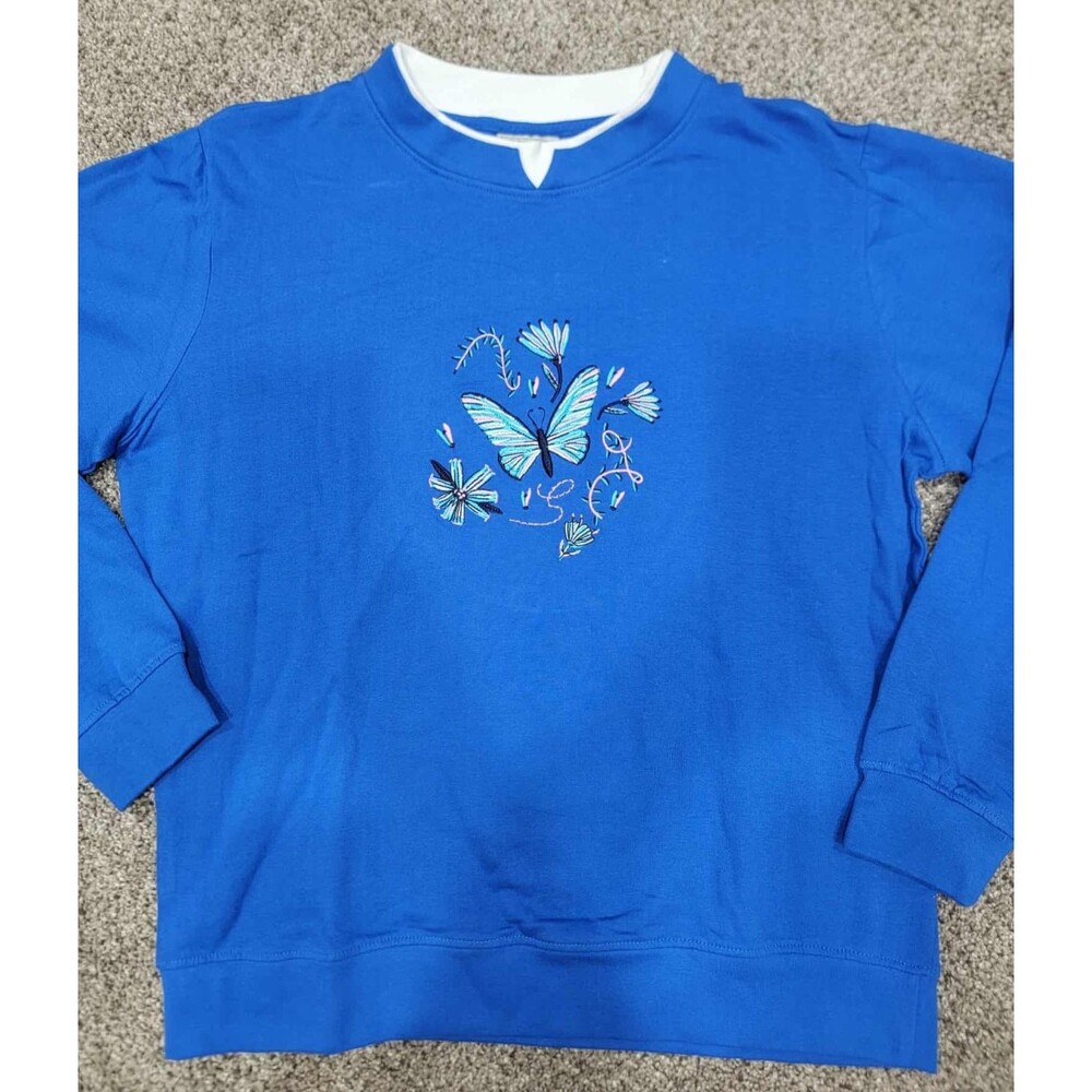 Vintage Blue Gold Coast Embroidered Butterfly Grandma Sweatshirt Sweater Medium